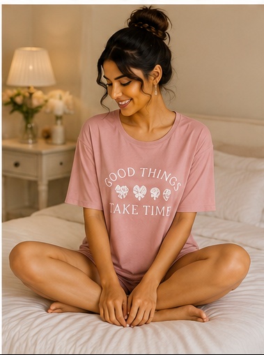 Women’s Pink “Good Things Take Time” Printed Short Sleeve Sleep T-Shirt